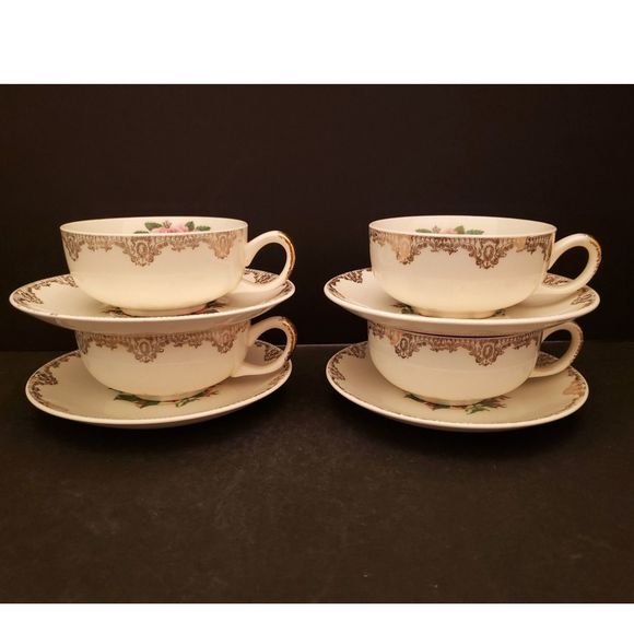 American Rose Cups Saucers Paden City Pottery Pink Roses Gold Vintage 4 sets - Picture 14 of 16